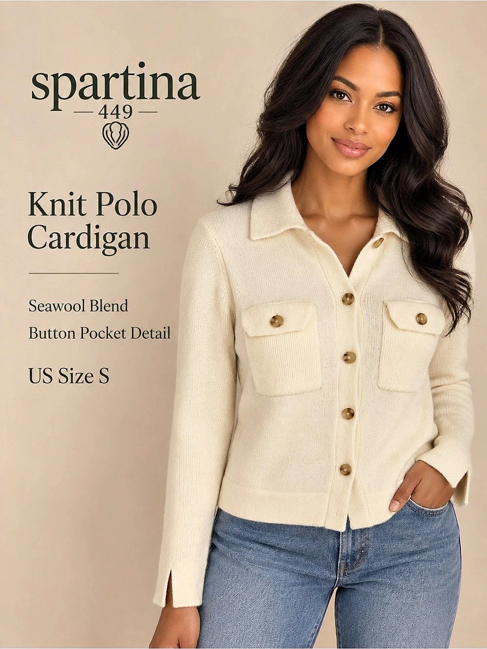 Spartina 449 Knit Polo Cardigan Seawool Cashmere Blend Cream Size S